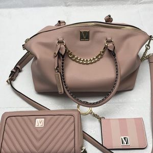 VICTORIA'S SECRET  Slouchy Satchel Tote & WALLET Pink Chain Detail Crossbody NEW